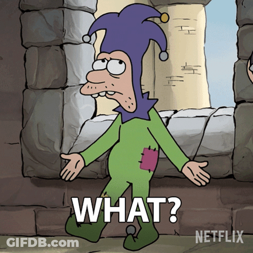 A Cartoon Character With A Purple Hat And A Green Outfit Says " What " GIF