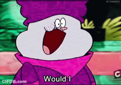 A Cartoon Character With A Purple Hat And A Pink Scarf Says Would I . GIF