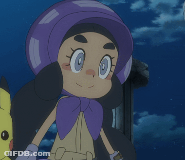 A Cartoon Character With A Purple Hat And A Purple Scarf Around Her Neck GIF