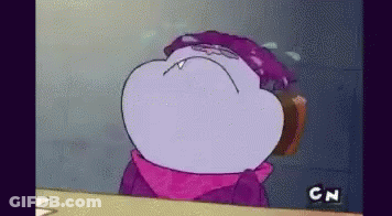 A Cartoon Character With A Purple Hat And A Scarf Is Standing In Front Of A Cn Logo . GIF