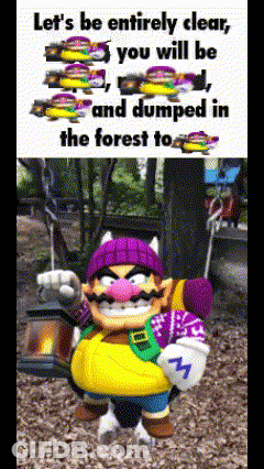 A Cartoon Character With A Purple Hat And A Yellow Apron Is Standing In The Woods Holding A Lantern . GIF