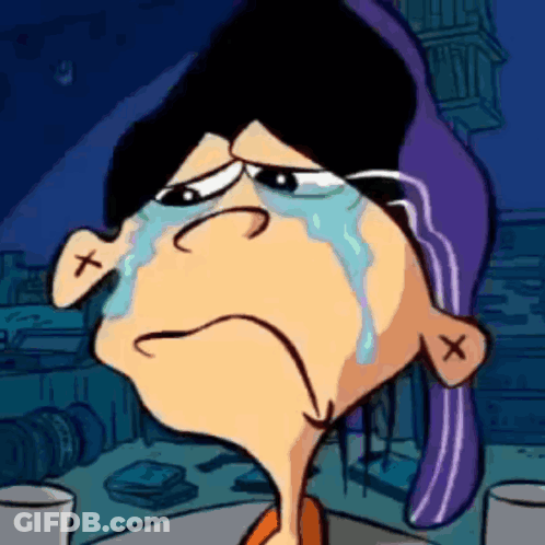 A Cartoon Character With A Purple Hat Is Crying With Tears Coming Out Of His Eyes GIF