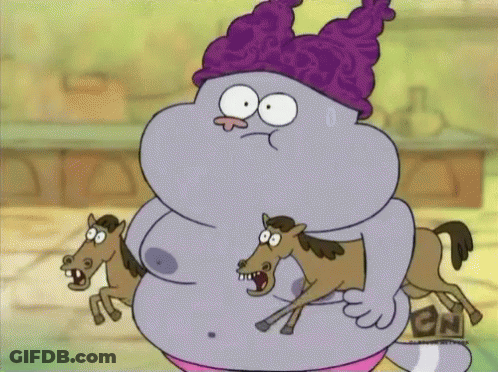 A Cartoon Character With A Purple Hat Is Holding Two Horses And Says Cn On The Bottom GIF