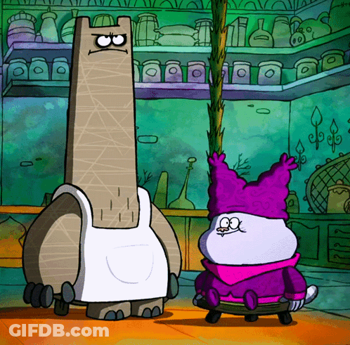 A Cartoon Character With A Purple Hat Is Standing Next To Another Cartoon Character GIF