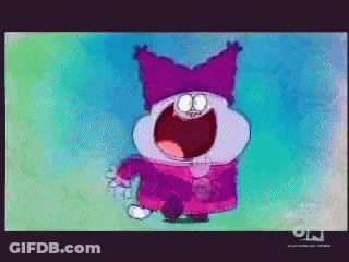 A Cartoon Character With A Purple Hat Is Standing On A Green Background GIF