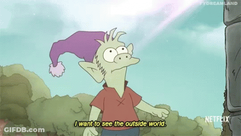 A Cartoon Character With A Purple Hat Says I Want To See The Outside World . GIF