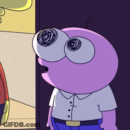 A Cartoon Character With A Purple Head And A White Shirt GIF