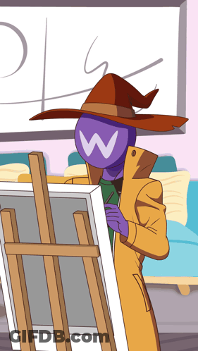 A Cartoon Character With A Purple Head And A White W On It GIF