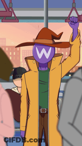 A Cartoon Character With A Purple Head And The Letter W On It GIF