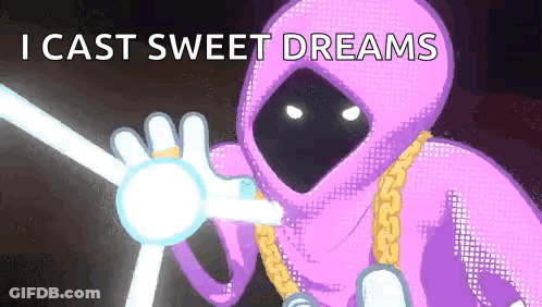 A Cartoon Character With A Purple Hood And A Gold Chain Around His Neck Is Holding A Light . GIF