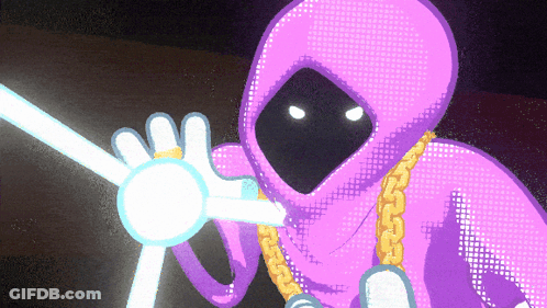 A Cartoon Character With A Purple Hood And Gold Chains GIF
