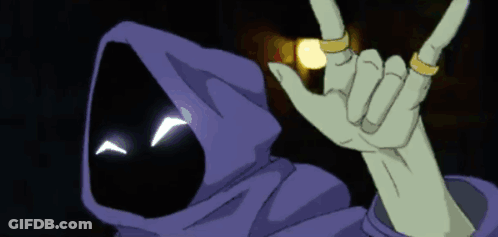 A Cartoon Character With A Purple Hood And Rings On His Fingers GIF