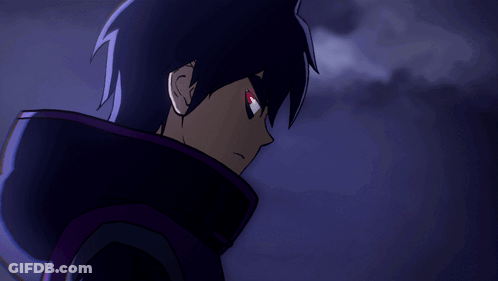 A Cartoon Character With A Purple Hoodie And Red Eyes GIF