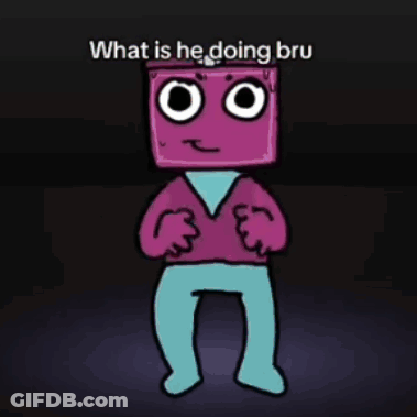 A Cartoon Character With A Purple Shirt And Blue Pants Says What Is He Doing Bru . GIF