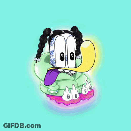 A Cartoon Character With A Purple Tongue And A Green Hoodie GIF
