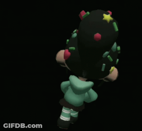 A Cartoon Character With A Red Bow In Her Hair Is Standing On A Black Background GIF