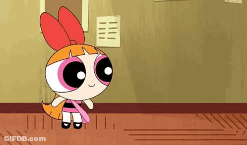 A Cartoon Character With A Red Bow On Her Head Is Standing In A Room GIF