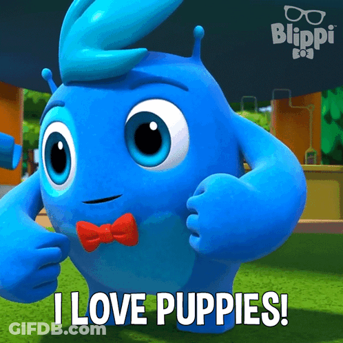 A Cartoon Character With A Red Bow Tie Says " I Love Puppies " GIF