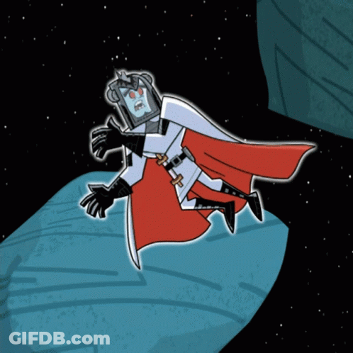 A Cartoon Character With A Red Cape And A Cross On His Belt Is Flying Through Space GIF