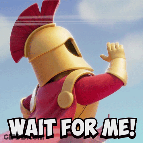 A Cartoon Character With A Red Cape And A Gold Helmet Says Wait For Me GIF