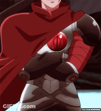 A Cartoon Character With A Red Cape And A Red Eye Has Nostalgiabookworm Written On The Bottom Right GIF