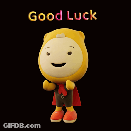 A Cartoon Character With A Red Cape And The Words Good Luck Above Him GIF