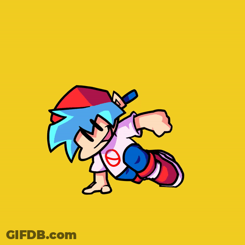 A Cartoon Character With A Red Hat And Blue Hair Is Kneeling On A Yellow Background GIF