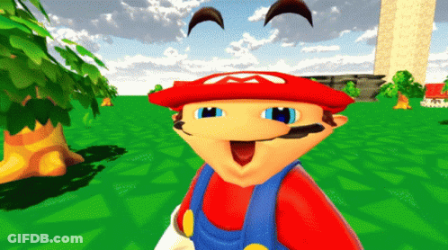 A Cartoon Character With A Red Hat And Blue Overalls Is Standing In A Field GIF