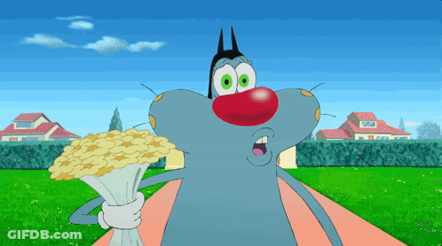 A Cartoon Character With A Red Nose And Green Eyes Holds A Bunch Of Flowers GIF