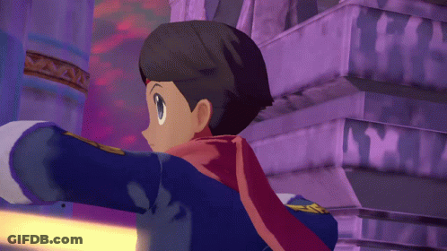 A Cartoon Character With A Red Scarf Around His Neck Is Standing In Front Of A Purple Wall GIF