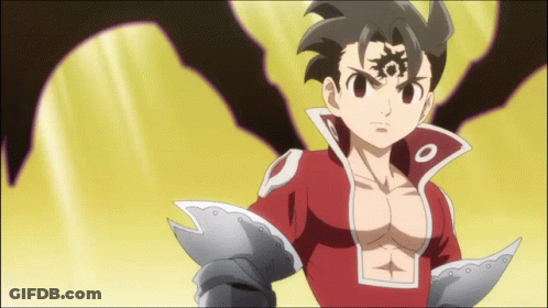 A Cartoon Character With A Red Shirt And A Sword On His Chest GIF