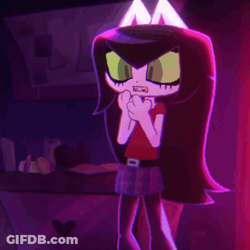 A Cartoon Character With A Red Shirt And Purple Skirt GIF