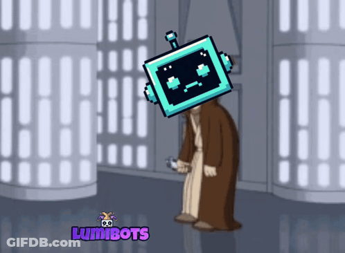 A Cartoon Character With A Robot Head And The Words Lumibots Below Him GIF