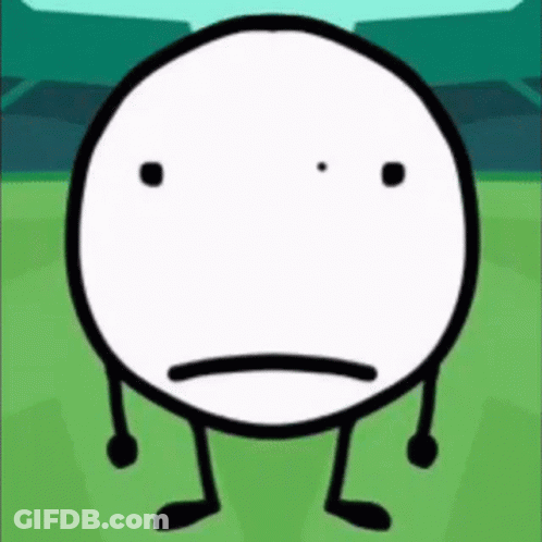 A Cartoon Character With A Sad Face And Arms And Legs Is Standing On A Green Field . GIF