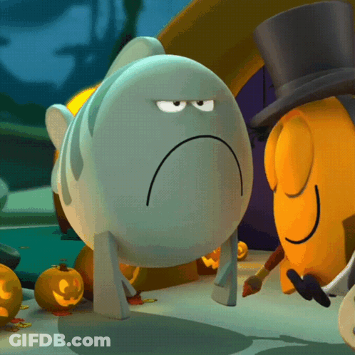 A Cartoon Character With A Sad Face Standing Next To Another Character GIF