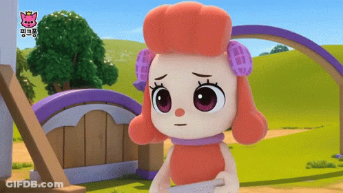 A Cartoon Character With A Sad Look On Her Face Is Standing In A Grassy Field GIF