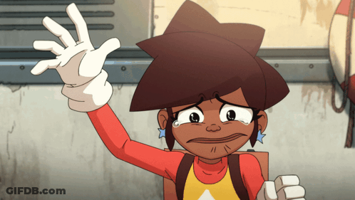 A Cartoon Character With A Sad Look On Her Face Waves Her Hand GIF