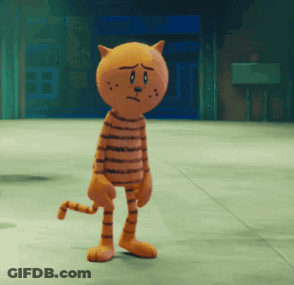 A Cartoon Character With A Sad Look On His Face Is Standing On A Concrete Floor GIF
