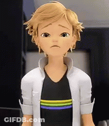 A Cartoon Character With A Sad Look On His Face Is Wearing A White Jacket And A Black Shirt . GIF