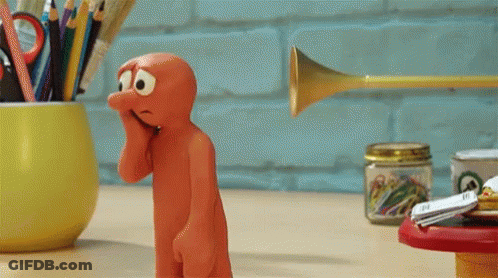 A Cartoon Character With A Sad Look On His Face Stands Next To A Trumpet GIF
