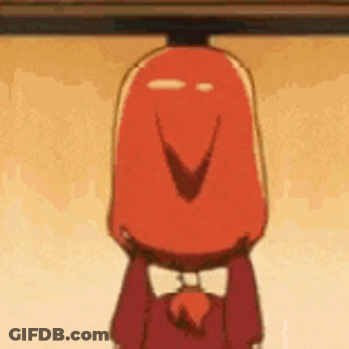A Cartoon Character With A Sausage Head Is Standing Upside Down . GIF