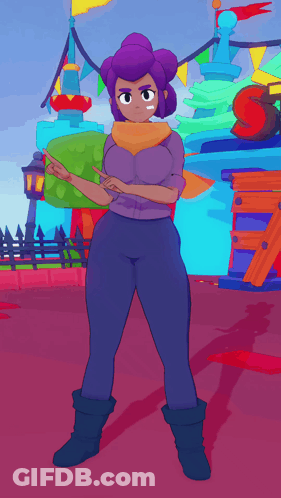 A Cartoon Character With A Scarf Around Her Neck Is Standing In Front Of A Colorful Background GIF