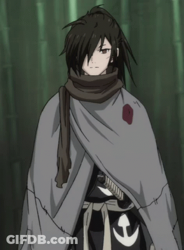 A Cartoon Character With A Scarf Around His Neck And A Sword GIF