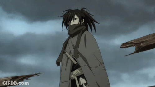 A Cartoon Character With A Scarf Around His Neck And A Sword GIF