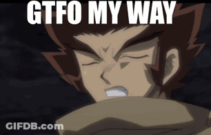 A Cartoon Character With A Scarf Around His Neck And The Words Gtfo My Way Above Him GIF