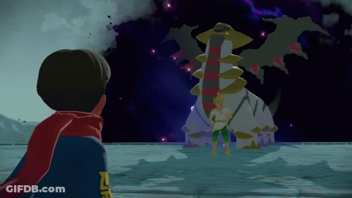 A Cartoon Character With A Scarf Around His Neck Stands In Front Of A Large Monster GIF