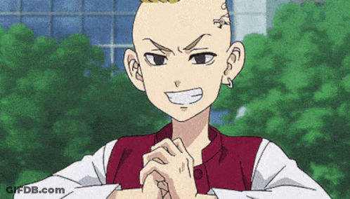 A Cartoon Character With A Shaved Head And A Tattoo On His Forehead Is Smiling With His Hands Folded . GIF