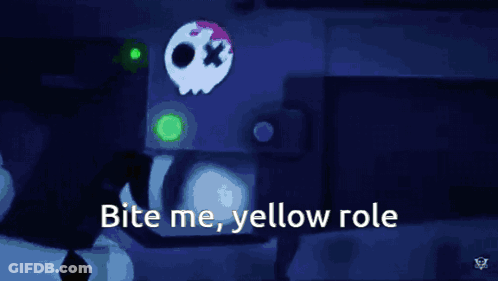 A Cartoon Character With A Skull And The Words Bite Me Yellow Role GIF