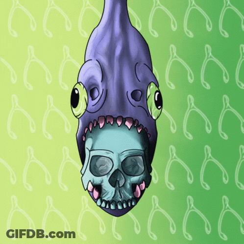 A Cartoon Character With A Skull In Its Mouth GIF
