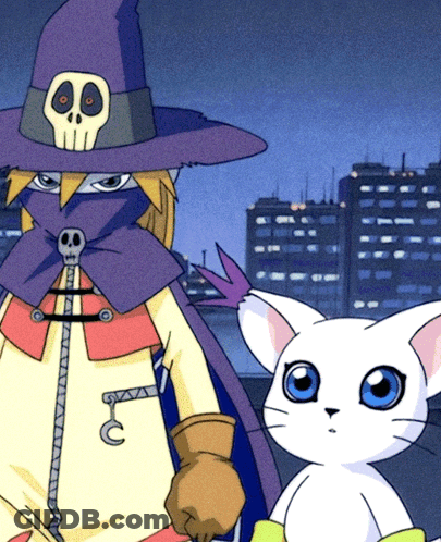 A Cartoon Character With A Skull On His Hat Stands Next To A Cat GIF